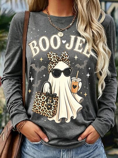 EMERY ROSE Plus Size Little Ghost Graphic Print Long Sleeve Fashion T-Shirt Halloween