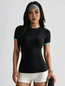 SHEIN Velisys Women's Striped Colorblock Round Neck Short Sleeve Sports T-Shirt 2pcs/Pack - Multicolor - View 4