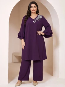 Al Najma Plus Size Women's Rhinestone Vintage Top And Pants Arabic Set - Purple - View 6