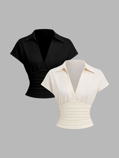 SHEIN EZwear Tricou pentru femei de vară, sexy, stil hot girl, cu decolteu adânc în V și rever, versatil, la modă, cu mânecă scurtă, design cu talie evazată, set de topuri în două culori, negru și caisă