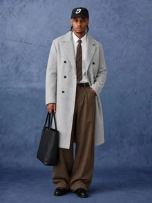 PAVTROS Manfinity Hypemod Men's Solid Long Overcoat, Minimalist Loose Casual Youth Lapel Outerweare - Grey - View 3
