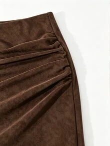 Trelyra Women High Waist Ruched Suede Mini Skirt With Lace Trim Fall Winter Brown Elegant Skirt For Party Going Out Wear Renaissance Outfit Country Style - Brown - View 5