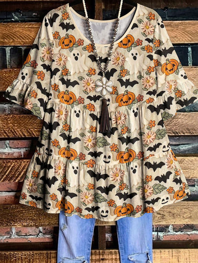 EMERY ROSE Plus Size Women's Retro Halloween Cute Ghost & Daisy Print Tiered Peplum Top Ruffle Sleeve Loose Casual Tunic Shirt,Spooky Season Babydoll Top,Fall