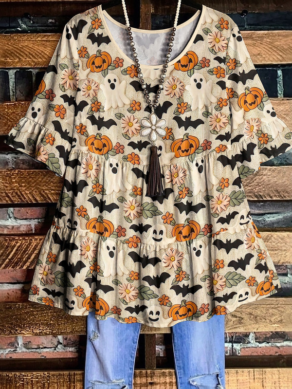 EMERY ROSE Atasan Wanita Ukuran Besar Motif Hantu dan Bunga Daisy Retro Halloween Lucu, Model Peplum Bertingkat, Lengan Berkerut, Longgar, Kasual, Atasan Babydoll Musim Seram, Musim Gugur
