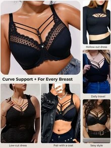Bareli Dear Plus Size Black Underwire Lace Patchwork Thin Cup Bra, 1pc - Black - View 6