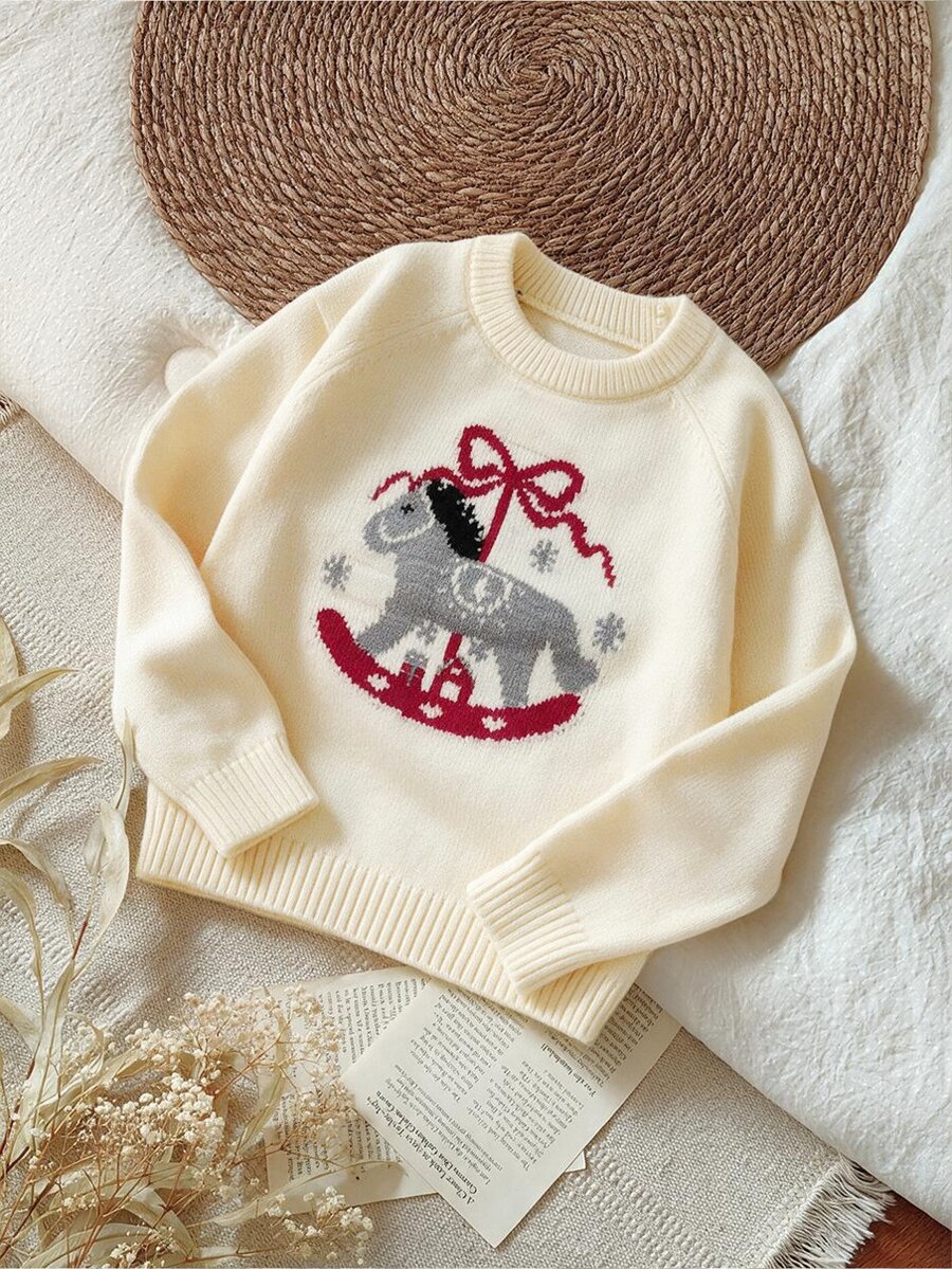 SHEIN Vintaside Kids Toddler Playful Carousel Bow Snowflake Jacquard Round Neck Raglan Sleeve Pullover Knit Sweater - White - View 1