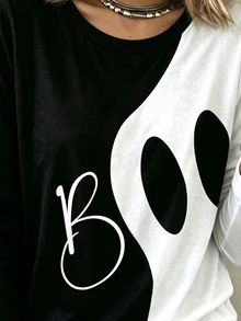 Breezaya 萬聖節 Boo 幽靈印花拼色長袖圓領上衣 休閒寬鬆女款襯衫 - 彩色 - 查看 3