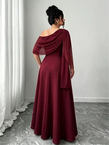 Elenzga French Vintage Elegant Fashion Casual Asymmetrical Shoulder Neckline Ribbon Burgundy Dress - Burgundy - View 2
