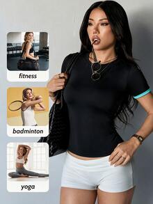 SHEIN Velisys Women's Striped Colorblock Round Neck Short Sleeve Sports T-Shirt 2pcs/Pack - Multicolor - View 6