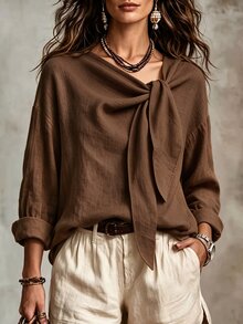 Everyssa 女款不對稱領口領結蝴蝶結休閒襯衫，長袖上衣，春秋通勤奶奶風 - 棕色 - 查看 1