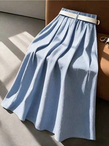 SHEIN Franclia 亞麻藍白條紋皮革腰帶中長裙 巴厘島度假 早午餐 邁阿密度假 辦公室 秋季 優雅法式 - 藍色 - 查看 2