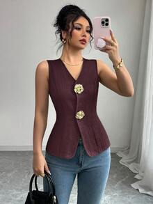 Elenzga Women's V-Neck Fitted Tank Top With Gold Rose Button Decoration On Front - Burgundy - View 7