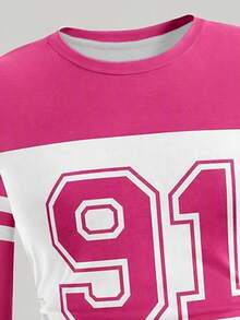 1 Set Street Style Digital Number 91 Print Girls Big Kids Fuchsia Long Sleeve Slim Fit Top And Fuchsia Straight Leg Pants Set, Fuchsia Cargo Pants, Suitable For Autumn/Winter, Fashion Casual - Multicolor - View 3