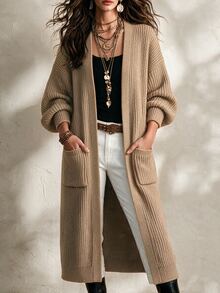 SHEIN Ribbed Knit Petal Sleeve Patch Pocket Long Cardigan Coat - Brown - View 4