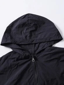 SHEIN Teen Girls Casual Fashion Woven Crinkled Fabric Hooded Short Jacket With Elastic Hem And Cuffs, Loose Fit Comfortable Design, Suitable For Spring, Summer, Autumn, Daily Commute, Outings, Gatherings, And Photo Shoots - Black - View 3