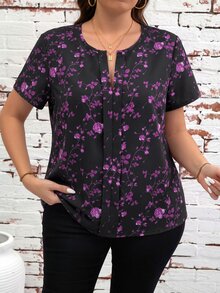 Reflora Plus Size French Vacation Floral Print Short Sleeve Shirt - Purple - View 6