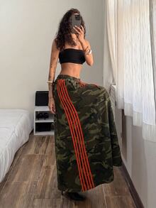 StreetHx Women's Camouflage Print Striped Drawstring Waist Denim Skirt - Multicolor - View 3