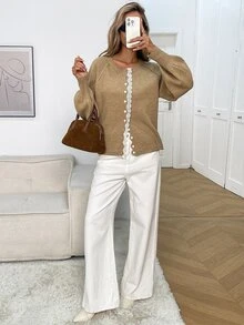 Elyressa French Gentle Soft Round Neck Khaki Single-Breasted Lace Trim Design Raglan Lantern Puff Long Sleeve Sweet Style Versatile Cardigan Sweater Jacket Women's Autumn/Winter Outfit - Khaki - View 4