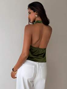 Aloruh Women's Solid Color Casual Versatile Daily Wear Halter Neck Top - Army Green - View 2