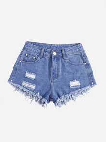 SHEIN PETITE 性感街頭風鈕扣磨損毛邊牛仔短褲 - 藍色 - 查看 4