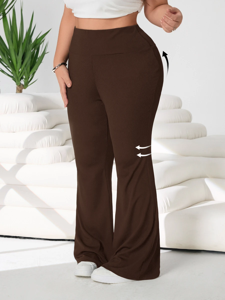 Solflare Plus Size Women Casual Versatile Solid Color High Waist Flare Pants - Brown - View 1