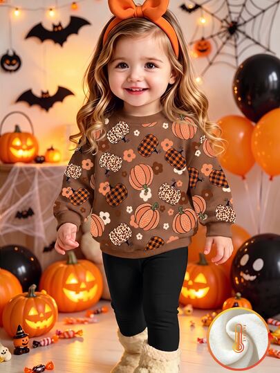 1 Set, Sweet Style Full Print Pumpkin Fleece Lined Crew Neck Long Sleeve Sweatshirt + Black Slim Fit Long Pants, Halloween Autumn/Winter Indoor/Outdoor Play Outfit For Baby Girls