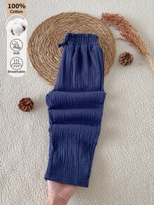 SHEIN 女童純棉素色皺褶休閒長褲，寬鬆百搭花苞腰設計長褲 - 藏蓝色 - 查看 3