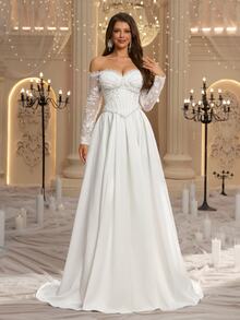 Glamrae Elegant Luxury Embroidered Faux Pearl Decorated Off-Shoulder Dress For Ball, Wedding - White - View 5