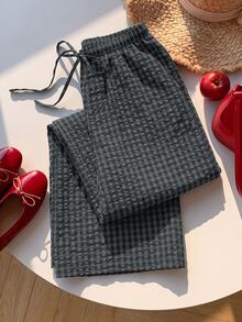 SHEIN EZwear 大尺碼女款春夏格紋抽繩腰口袋長褲 - 黑色 - 查看 9