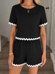 Easowa Casual Vacation Elegant Set Round Neck Short Sleeve Cropped Shirt And A-Line Shorts With Diagonal Pockets, Contrast Wave Trim, 100% Cotton - Black - View 7