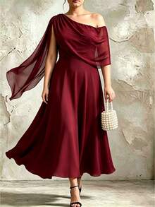 Elenzga French Vintage Elegant Fashion Casual Asymmetrical Shoulder Neckline Ribbon Burgundy Dress - Burgundy - View 3