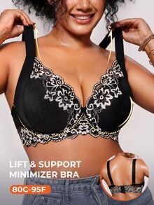 Bareli Dear Plus Size Sexy Lace Patchwork Push-Up Bra, Adjustable Shape, Minimizing Large Bust, Side-Boob Coverage, Underwire Lingerie, 1pc - Black and White - View 3
