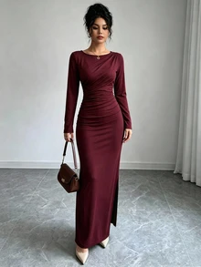 Modelyn Women's Elegant Commute Solid Color Slim Fit Long Dress - Red - View 6