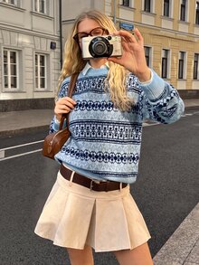 SHEIN EZwear 女款幾何圖案圓領長袖休閒復古毛衣 旅行海軍藍秋季 - 藍色 - 查看 7