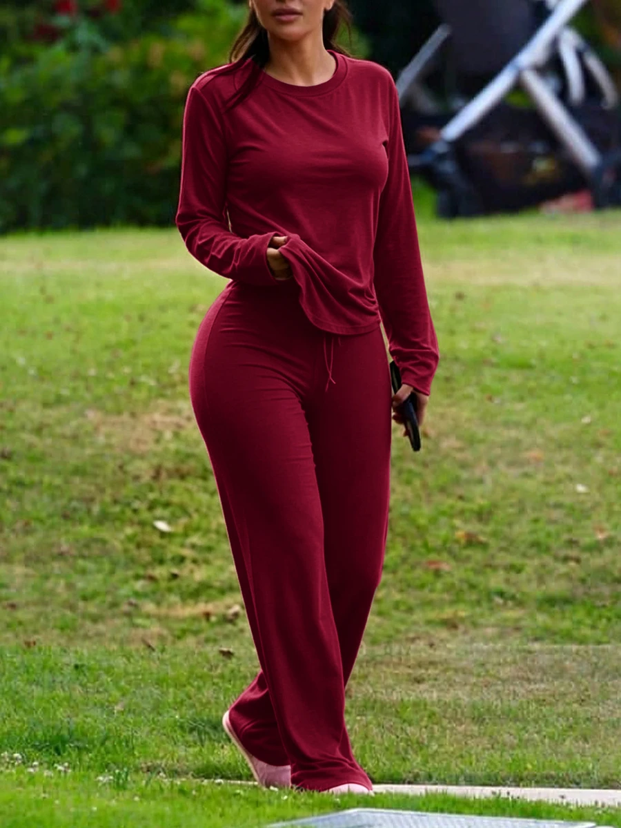 INAWLY Solva Setelan 2 Potong Wanita Minimalis Warna Polos, Kaos Lengan Panjang dan Celana Panjang untuk Pemakaian Sehari-hari - Burgundy - View 1