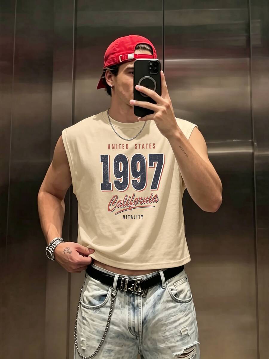 Resyla Men 男士休閒街頭風圖案百搭美式復古 1997 印花寬鬆短版圓領背心 白色健身夏季款 - 卡其色 - 查看 1