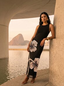 CAJUNI Elegant Tulle Dress With Floral Print And Embroidery For Parties - Black - View 3