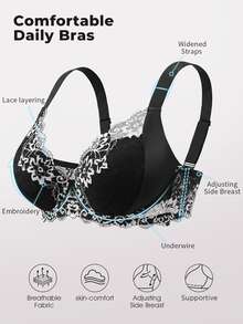 Bareli Dear Plus Size Sexy Lace Patchwork Push-Up Bra, Adjustable Shape, Minimizing Large Bust, Side-Boob Coverage, Underwire Lingerie, 1pc - Black and White - View 6