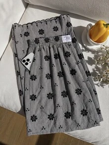 Comfortcana 大尺碼女款休閒度假風珊瑚橘花卉彈性腰長褲，適合夏季度假穿著 - 黑色 - 查看 3