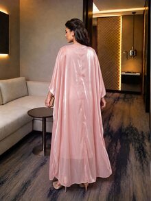 SHEIN Lady CURVE Plus Size Women Leaf Embroidery Pattern Cover Up And Dress Fashion 2 Pieces Set - Pink - View 2