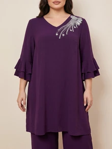 Al Najma Plus Size Women's Rhinestone Vintage Top And Pants Arabic Set - Purple - View 5