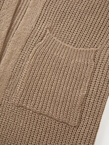 SHEIN Ribbed Knit Petal Sleeve Patch Pocket Long Cardigan Coat - Brown - View 7