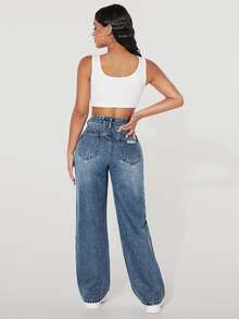 Jeanoix Plus Size Fashion Button Pocket Distressed Sexy Denim Jeans - Dark Wash - View 2