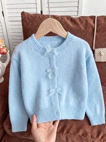 SHEIN 女童秋冬時尚手工蝴蝶結針織長袖開襟毛衣 - 淺藍色 - 查看 1