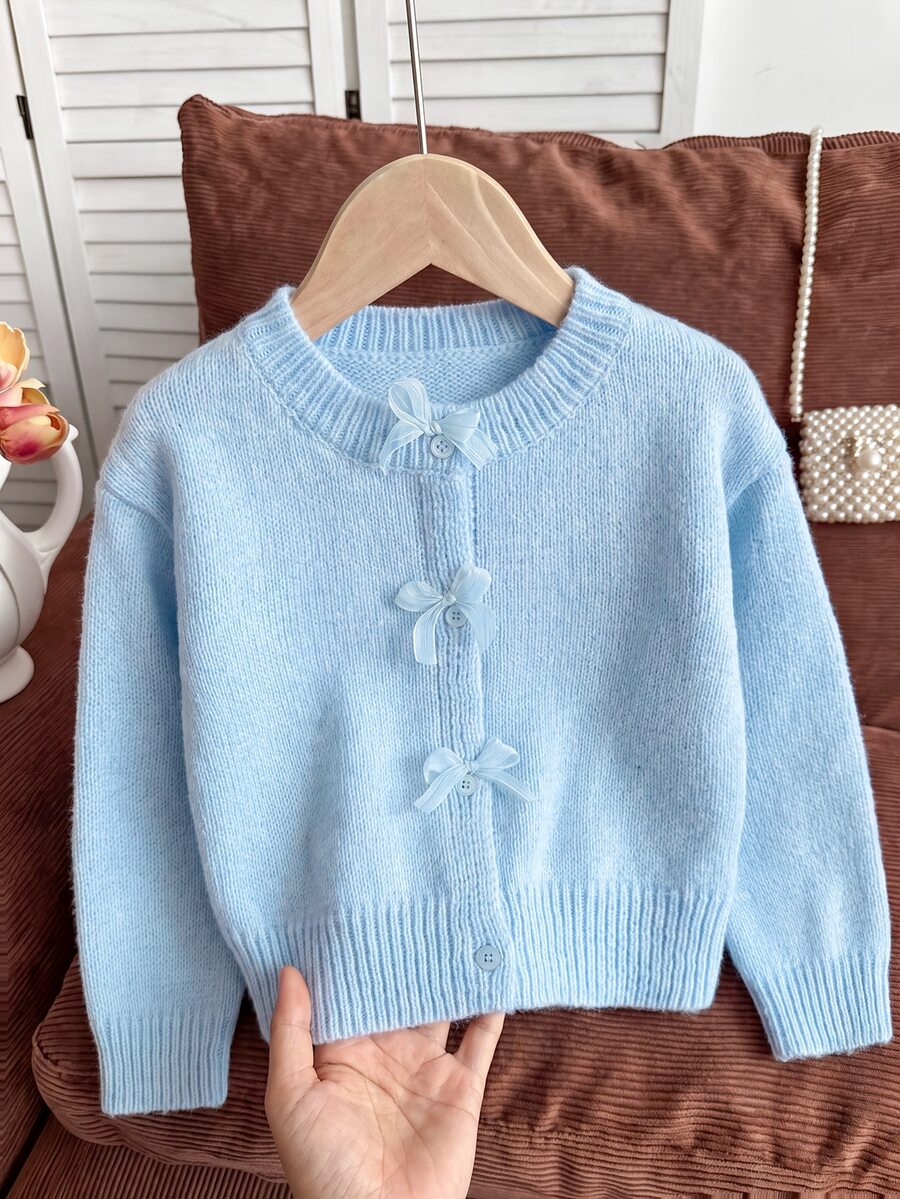 SHEIN 女童秋冬時尚手工蝴蝶結針織長袖開襟毛衣 - 淺藍色 - 查看 1