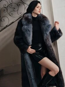 Anewsta Essential Autumn/Winter New Elegant Lady Faux Fox Fur Long Coat Fashion Fur-In-One Women's Plush Overcoat - Dusty Blue - View 1
