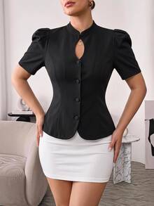 Hourglow Plus Size Women's Black Blouse, Stand Collar Keyhole Neck Short Puff Sleeve Waist-Defining Peplum Top - Black - View 4