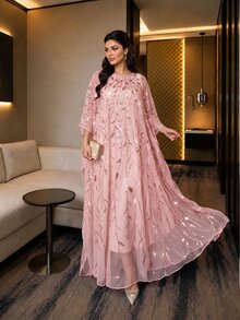 SHEIN Lady CURVE Plus Size Women Leaf Embroidery Pattern Cover Up And Dress Fashion 2 Pieces Set - Pink - View 1