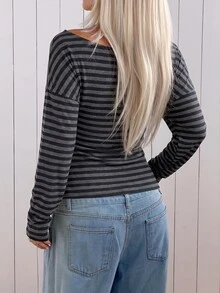 SHEIN EZwear 女款條紋露肩休閒日常穿著T恤 - 深灰色 - 查看 2