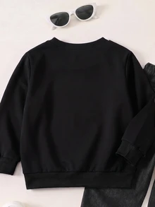 SHEIN 1套隨機男嬰保暖運動衫與慢跑長褲套裝，可愛學院風字母刺繡條紋印花運動服，兒童日常穿著 - 彩色 - 查看 3